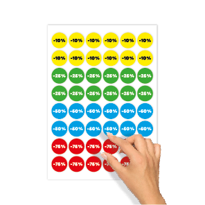 Kortingsstickers -10%, -25%, -50%, -75% geel, groen, blauw, rood kleuren rond 30mm
